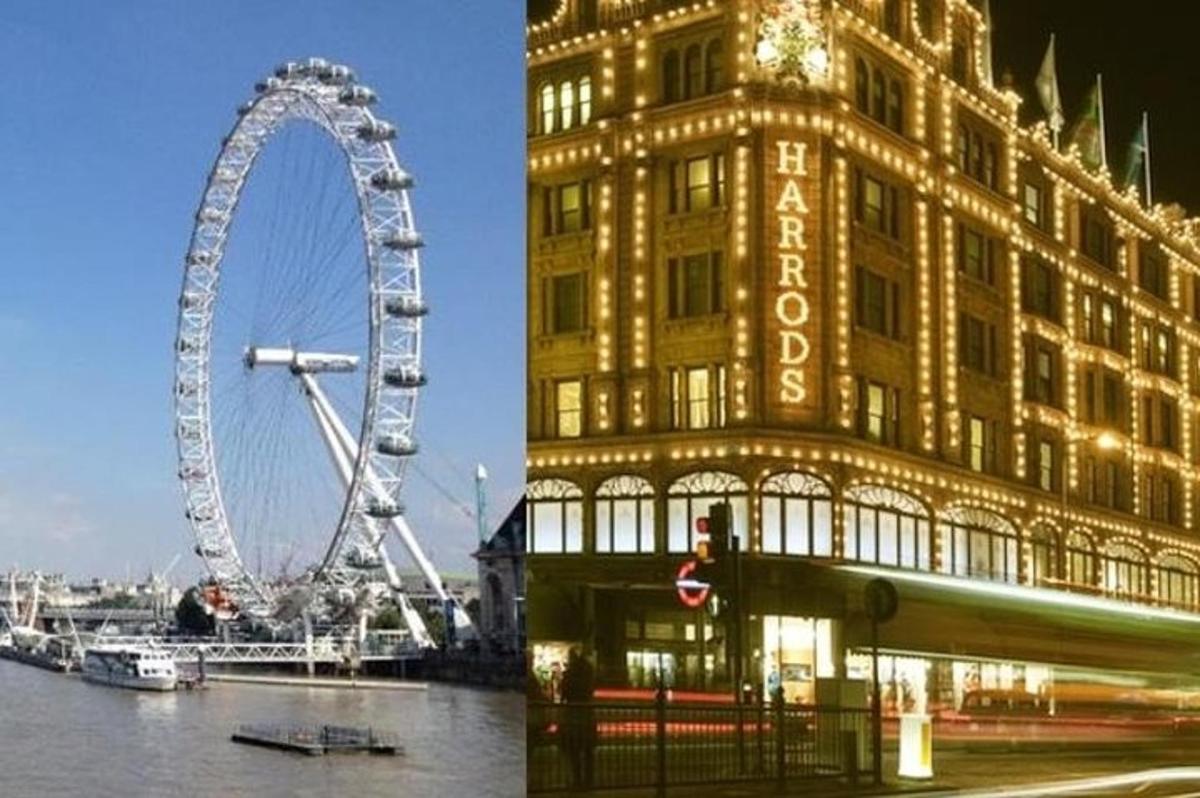 um grande edifício com uma roda gigante ao fundo