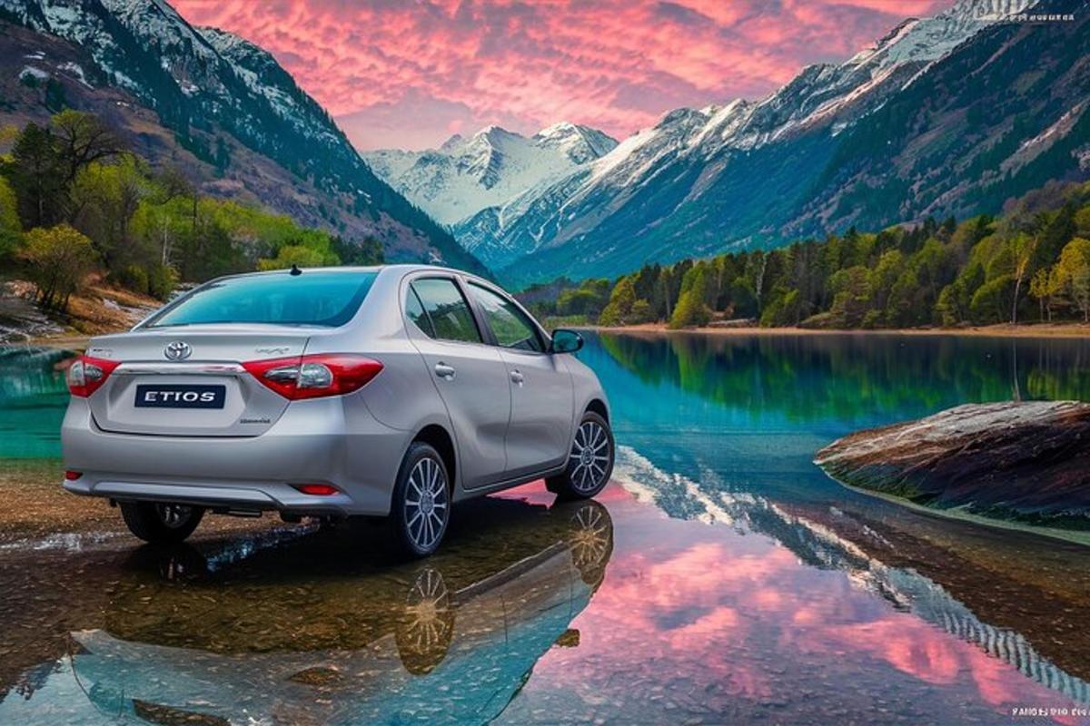 a car parked in front of a mountain lake