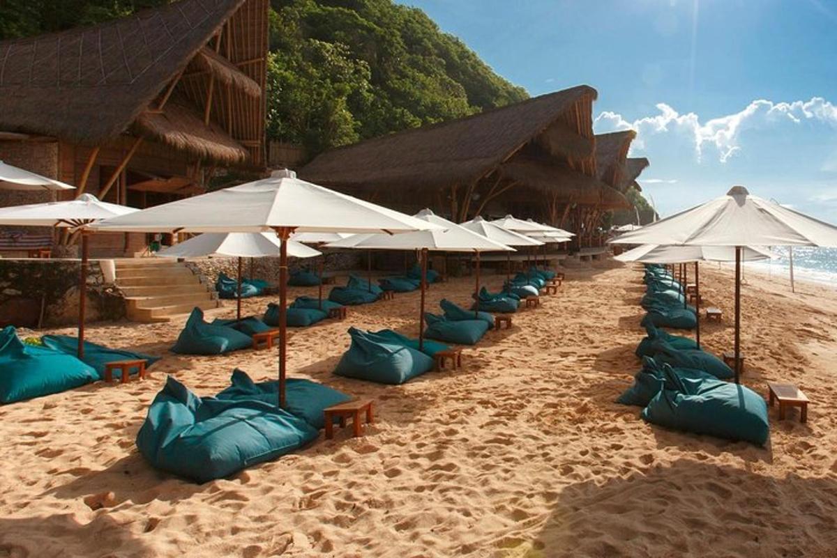 a row of beach chairs and umbrellas on a beach