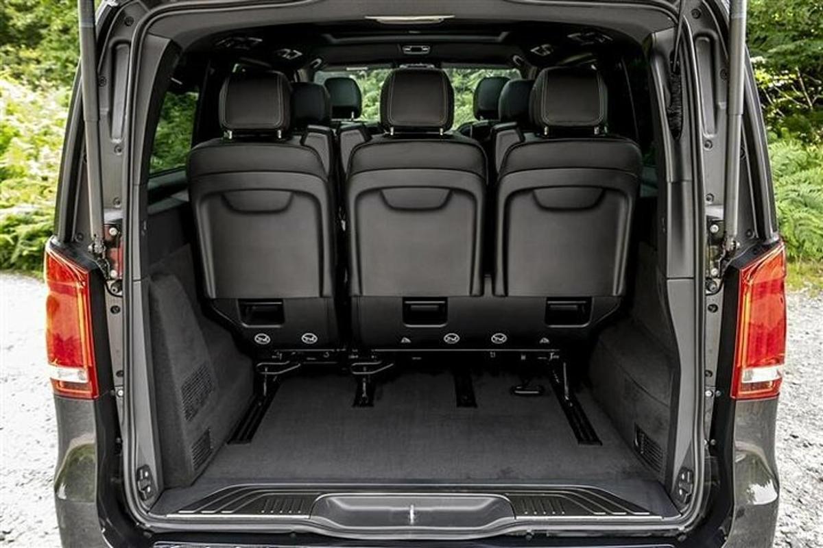 an open trunk of a car with the back doors open