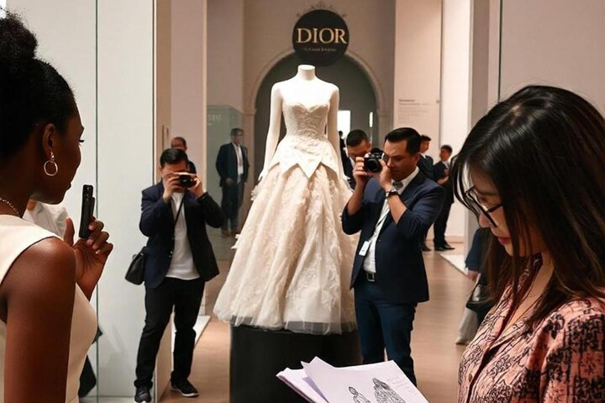 a group of people taking pictures of a dress on a mannequin
