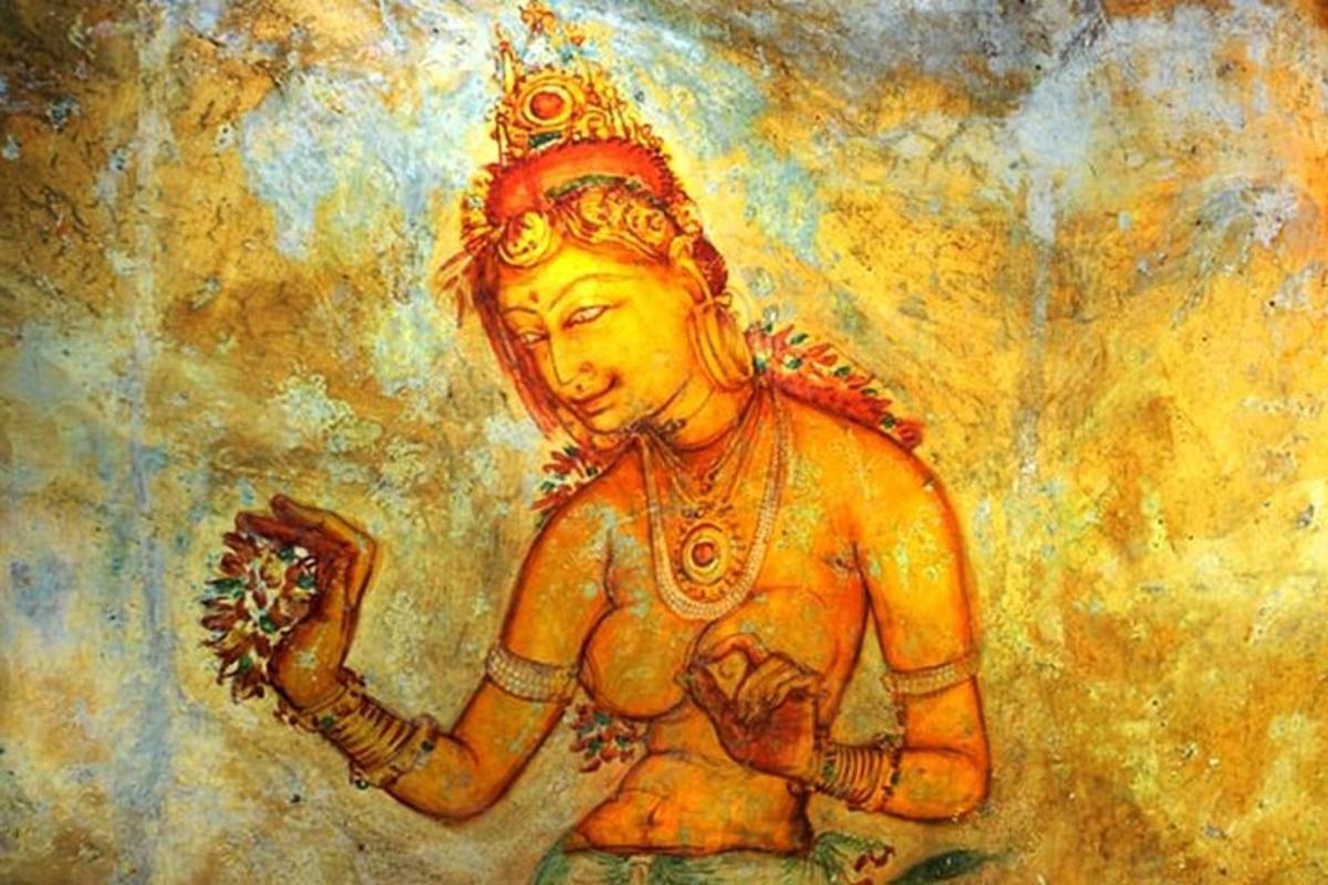 Una pintura de una mujer sosteniendo una planta.