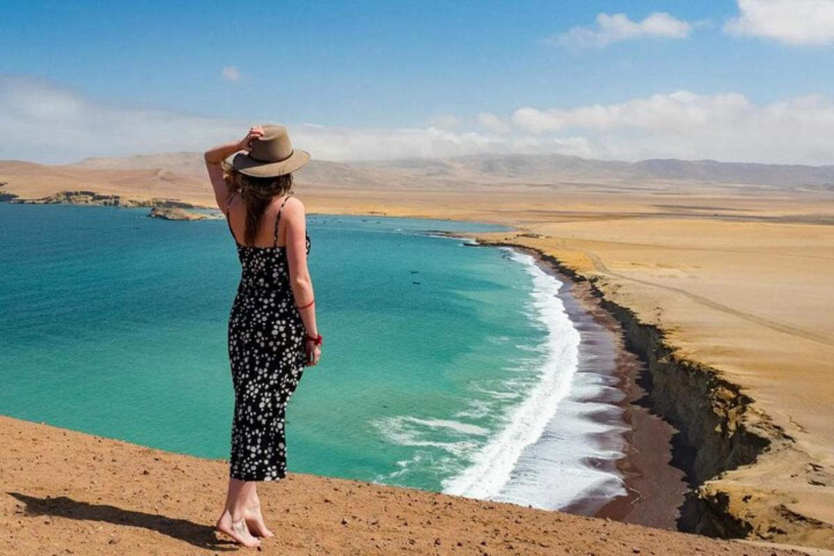 Una mujer con sombrero parada en un acantilado con vistas al océano.