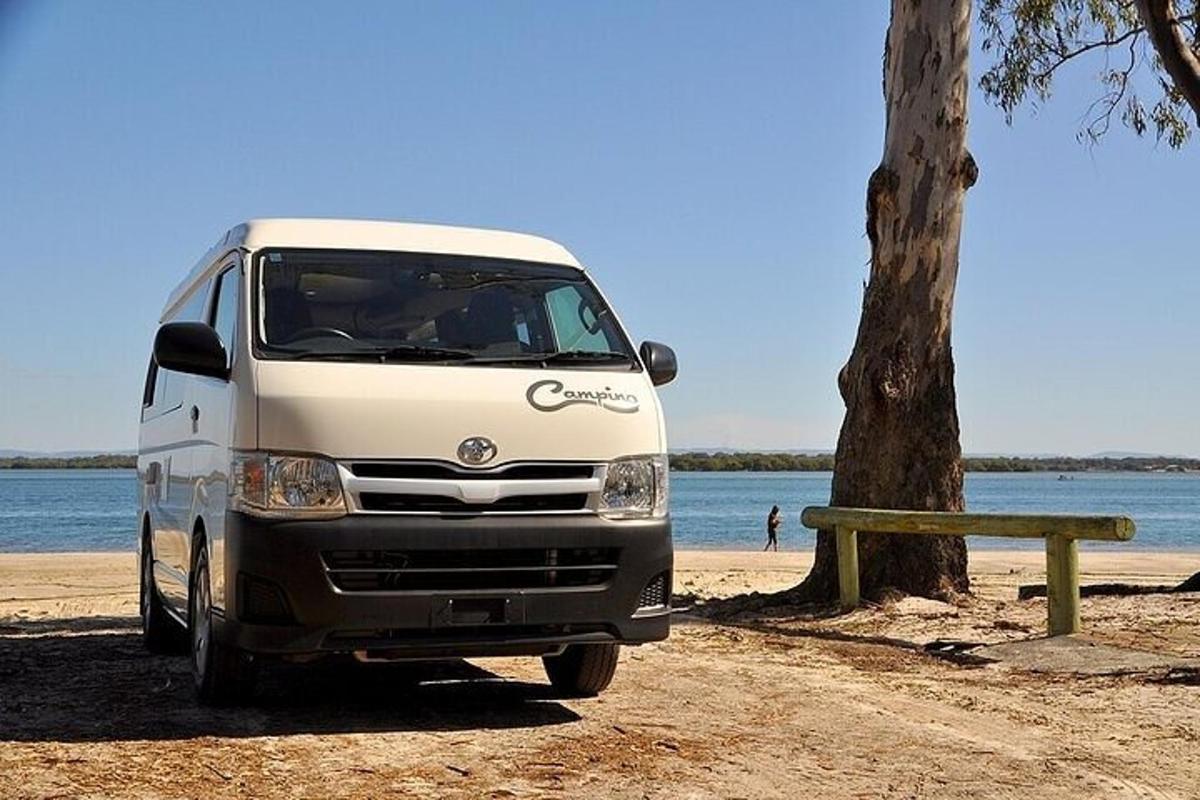 uma van branca estacionada ao lado de uma árvore na praia
