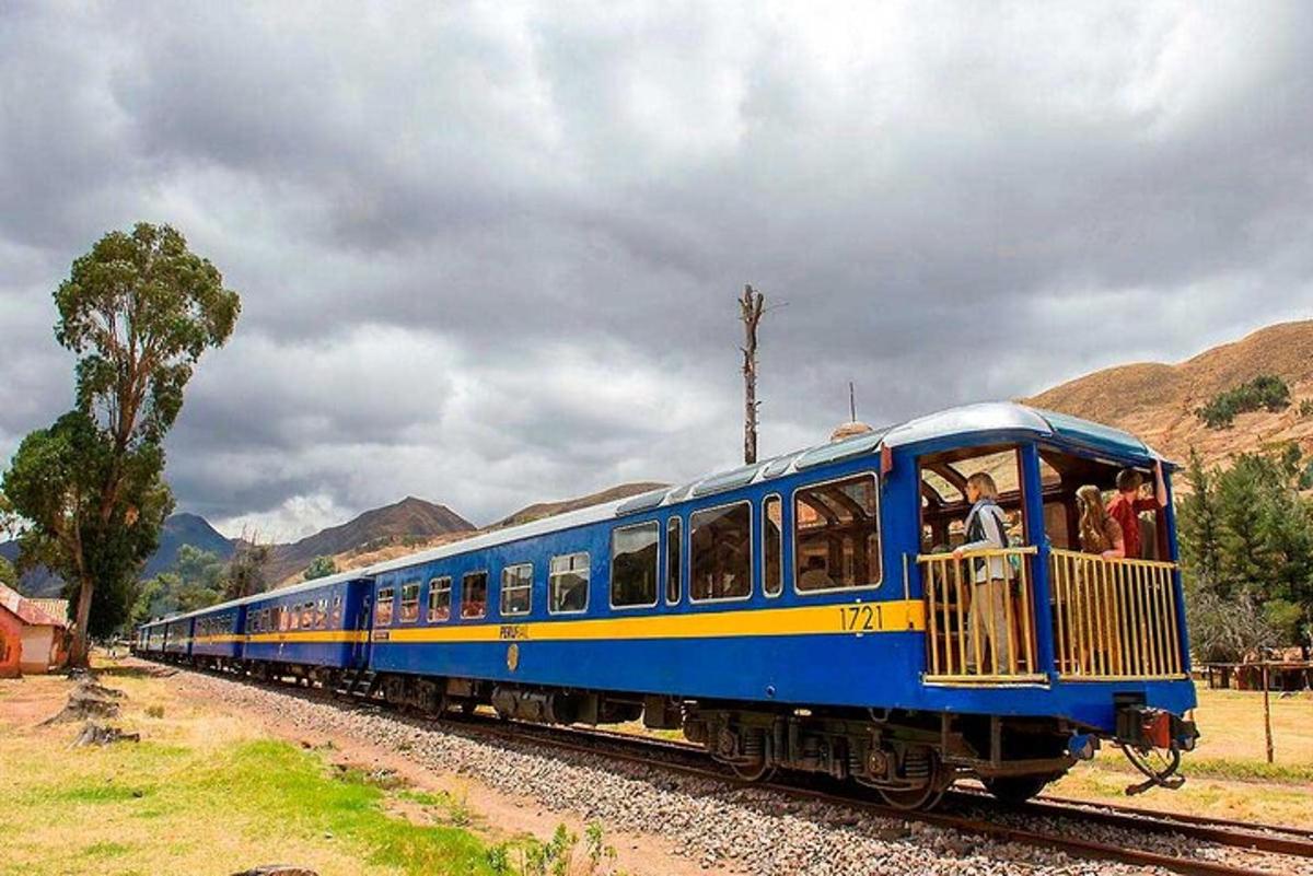 een blauw-gele trein die over de rails rijdt