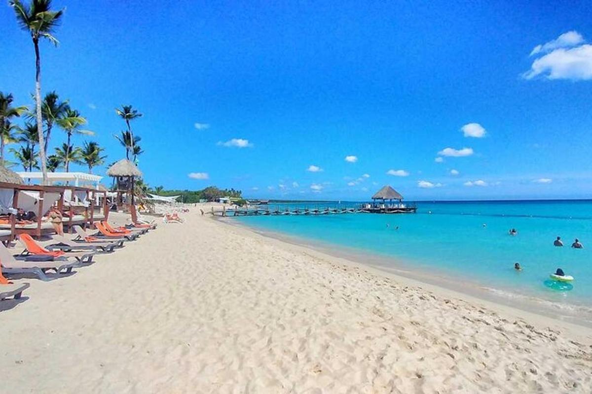 a beach with chairs and people in the water