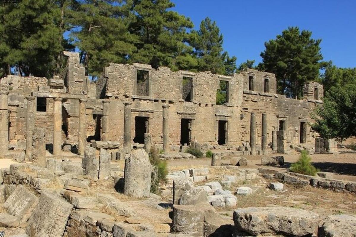 un vecchio edificio in pietra con alberi sullo sfondo