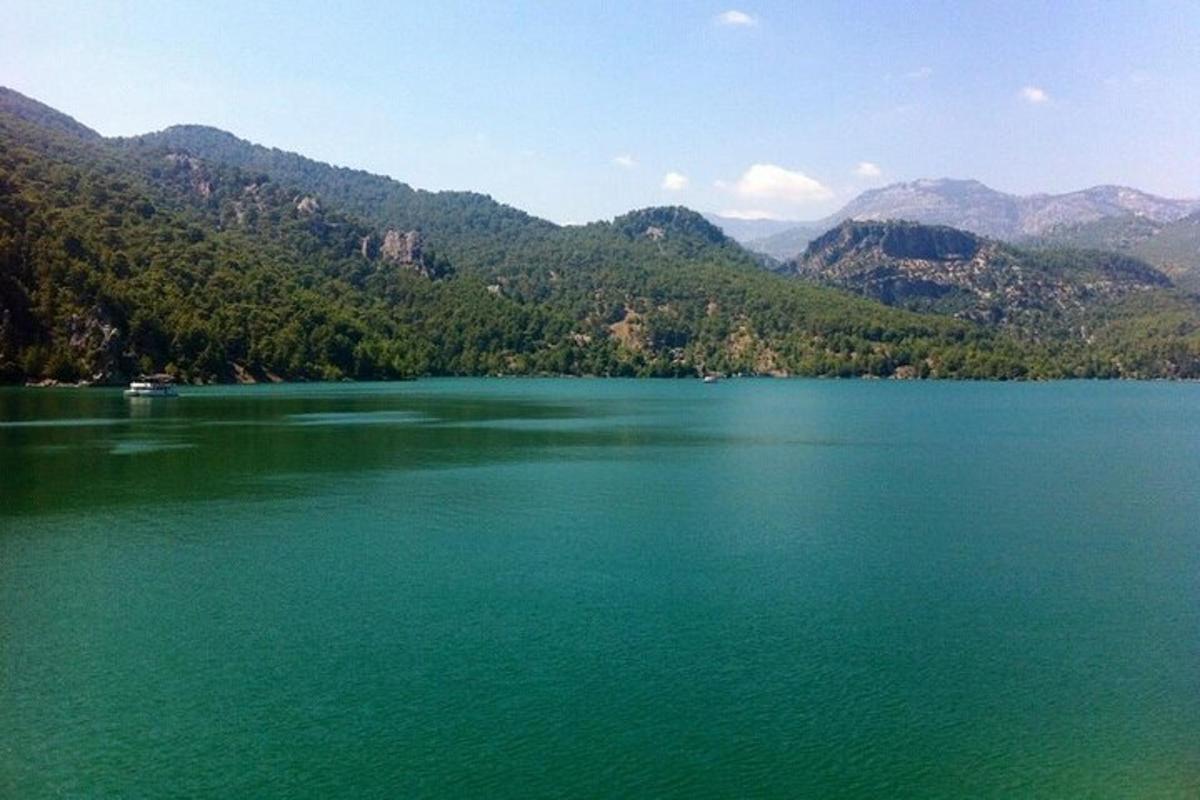 un grande lago verde con le montagne sullo sfondo