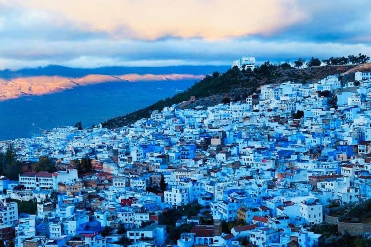 a view of a city with blue buildings on a hill