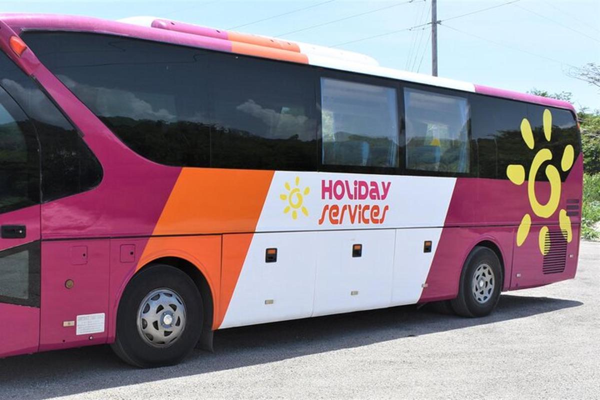 ružičasto-narančasti autobus parkiran na parkiralištu