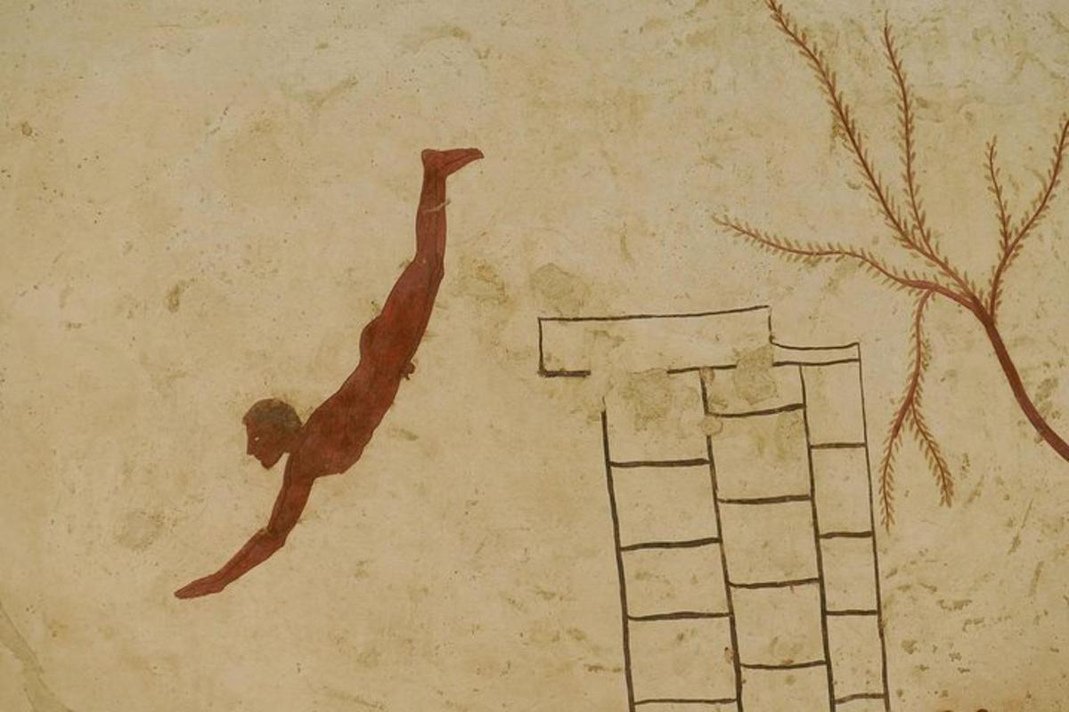 un dipinto di una persona che si tuffa in una piscina