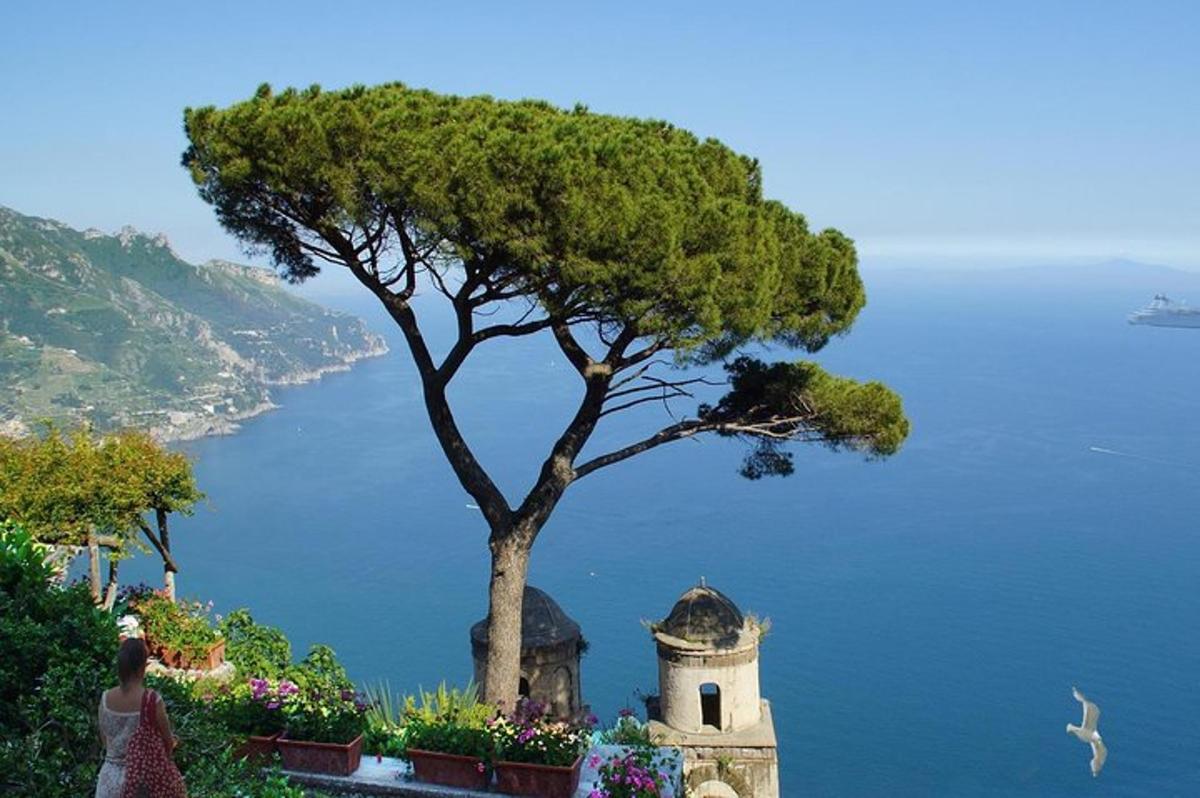 a woman standing next to a tree and a tower