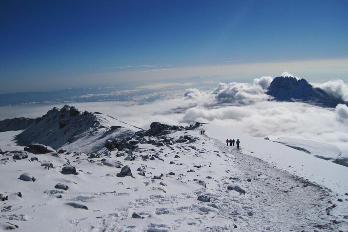 hópur fólks stendur á fjallstindi sem er þakinn snjó