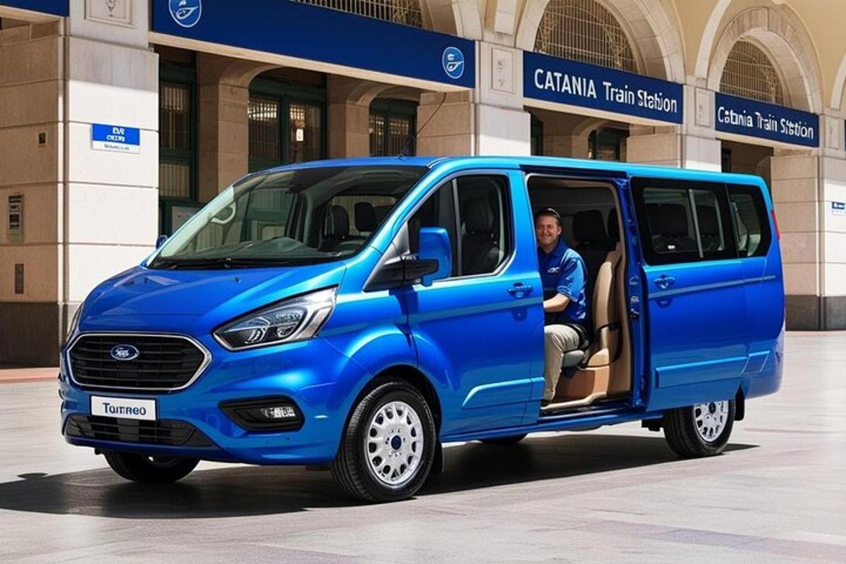 una camioneta azul estacionada frente a un edificio