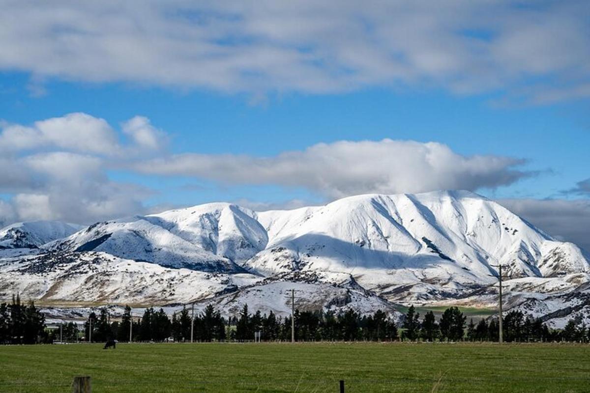 a snow covered mountain in front of a green field