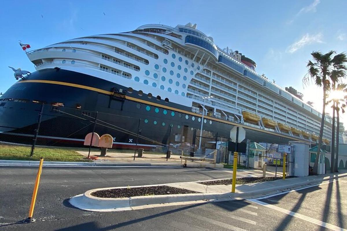 una grande nave da crociera è attraccata in una strada