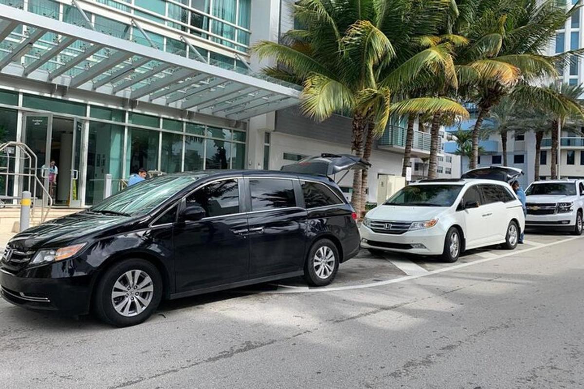 due auto parcheggiate davanti a un edificio con palme