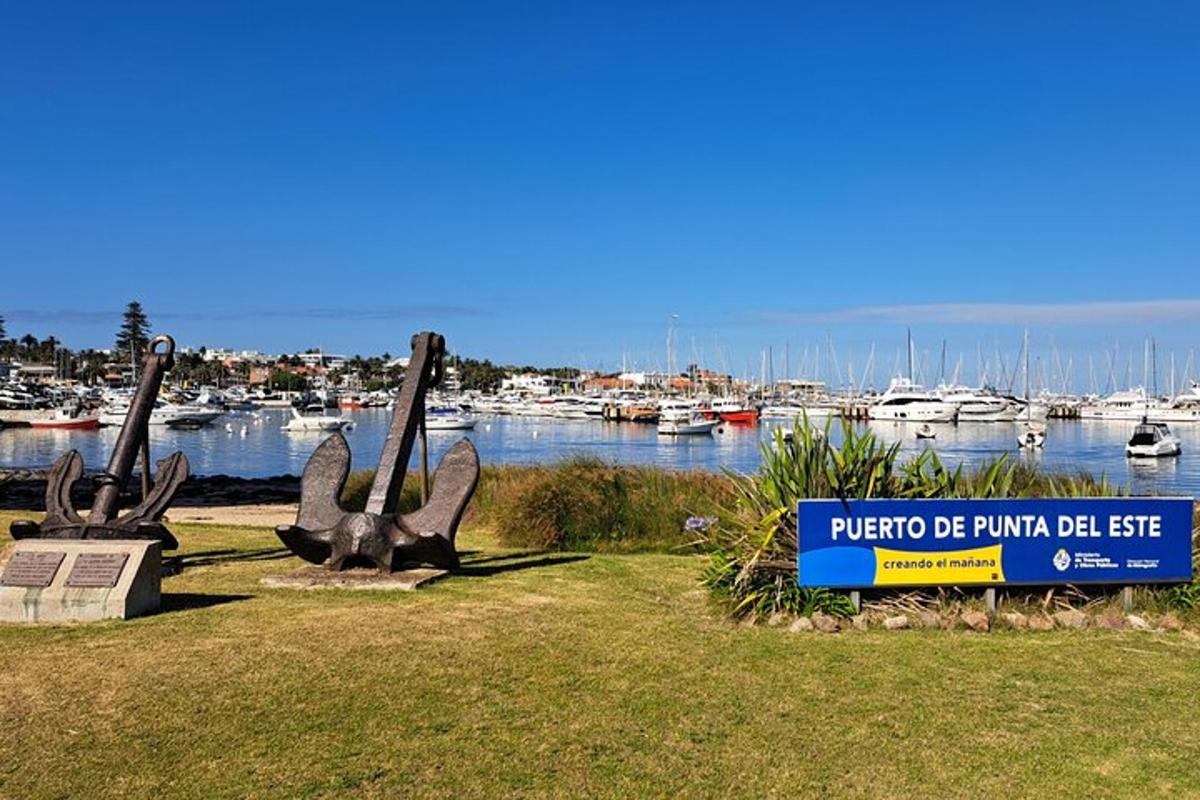 two statues of rabbits in front of a marina