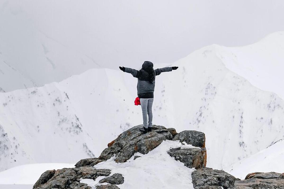 a person standing on a rock in the snow