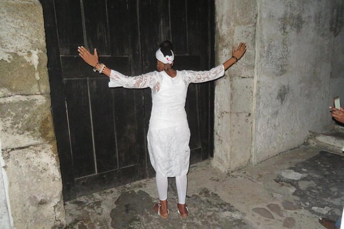 a woman standing in front of a door with her arms out