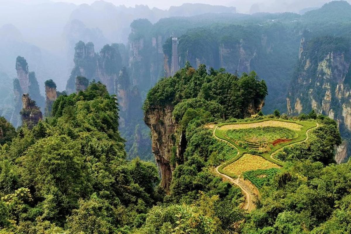 a view of a mountain with a farm on it