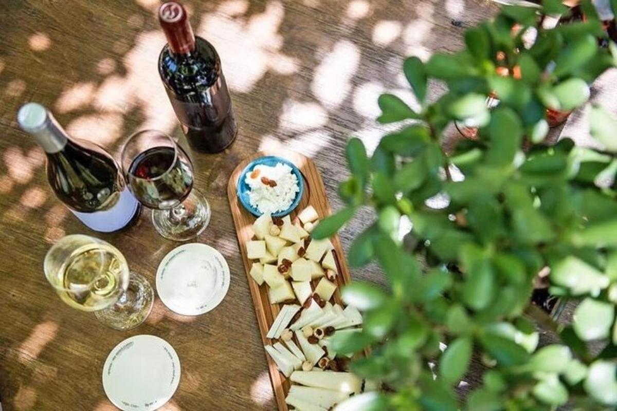a table with glasses of wine and a tray of cheese