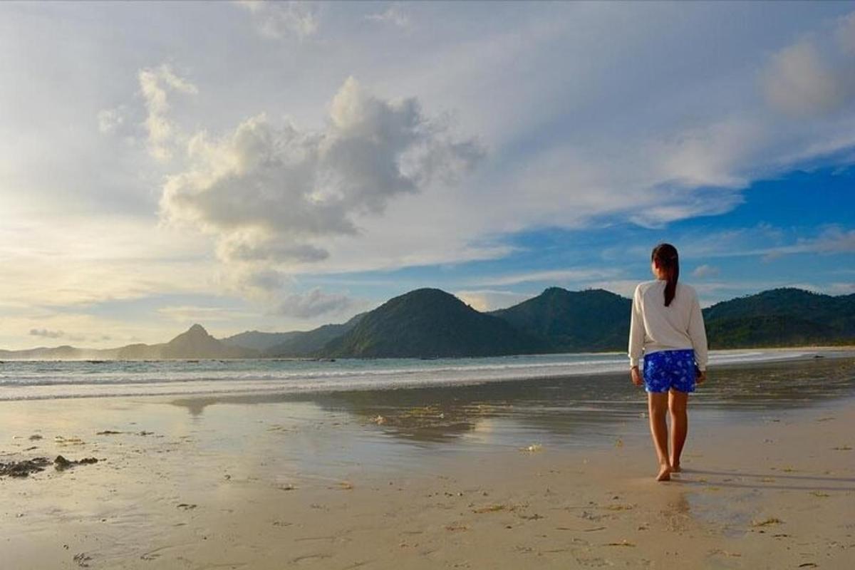 egy nő áll a tengerparton, nézi az óceánt