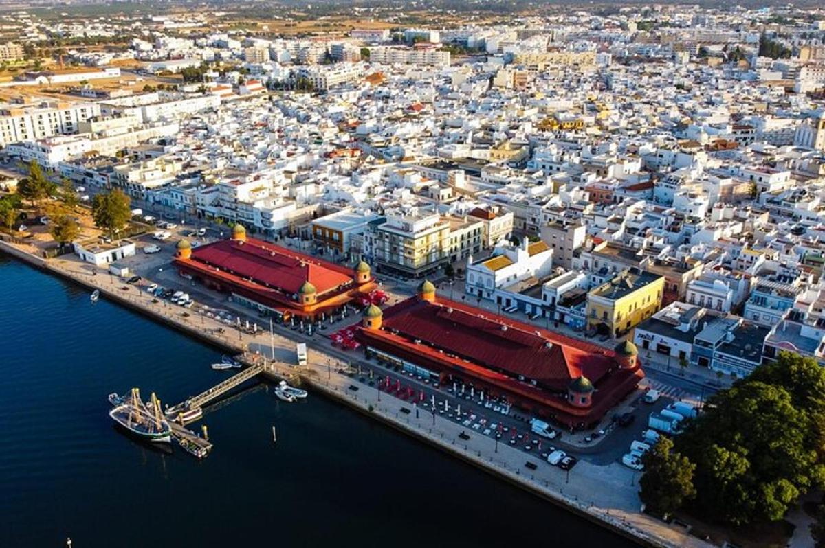 an aerial view of a city with a harbor