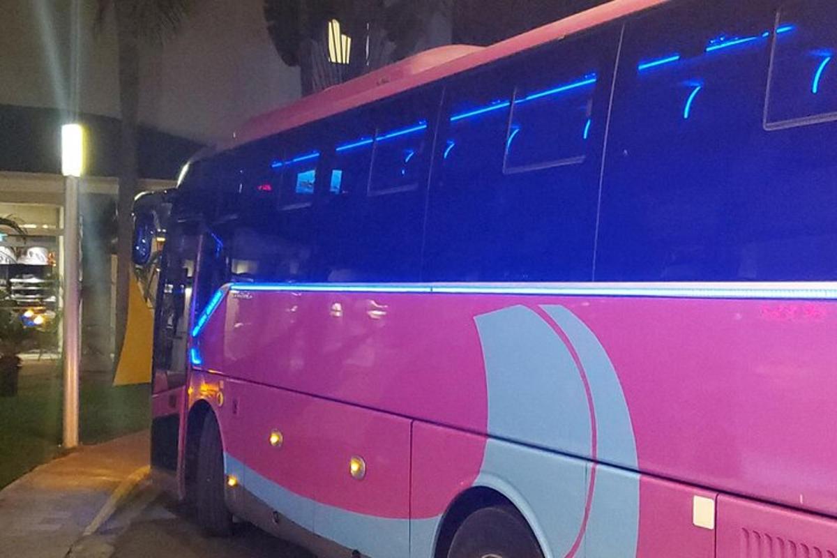 een roze en witte bus geparkeerd in een gebouw