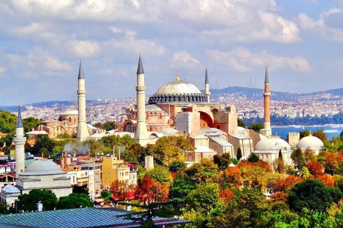 una vista di una moschea con una città sullo sfondo