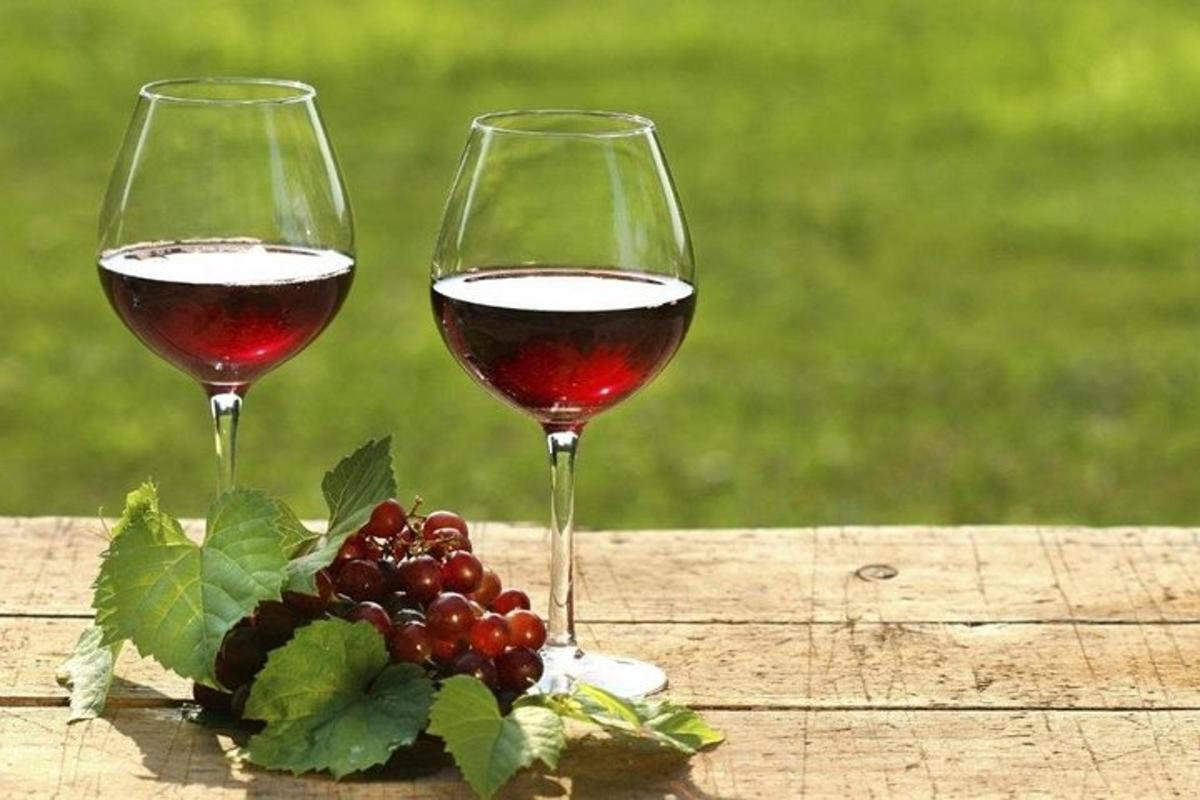 two glasses of red wine next to a bunch of grapes