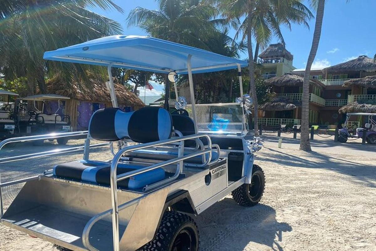 a golf cart with a blue canopy on a beach