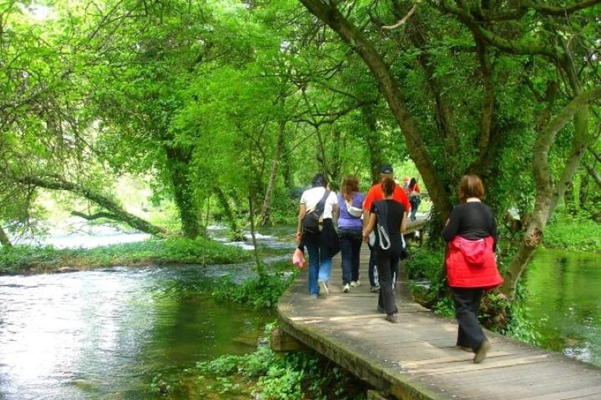 川にかかる橋の上を歩く人々のグループ
