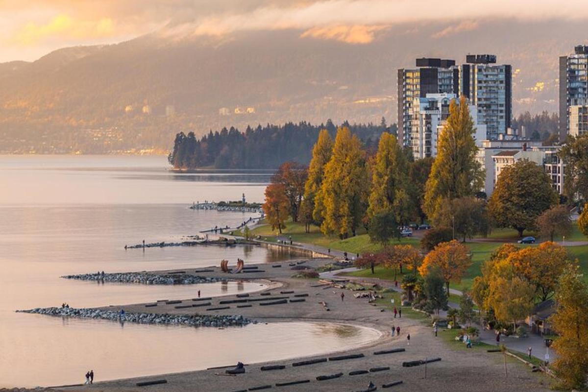 un grande specchio d'acqua con alberi e una città