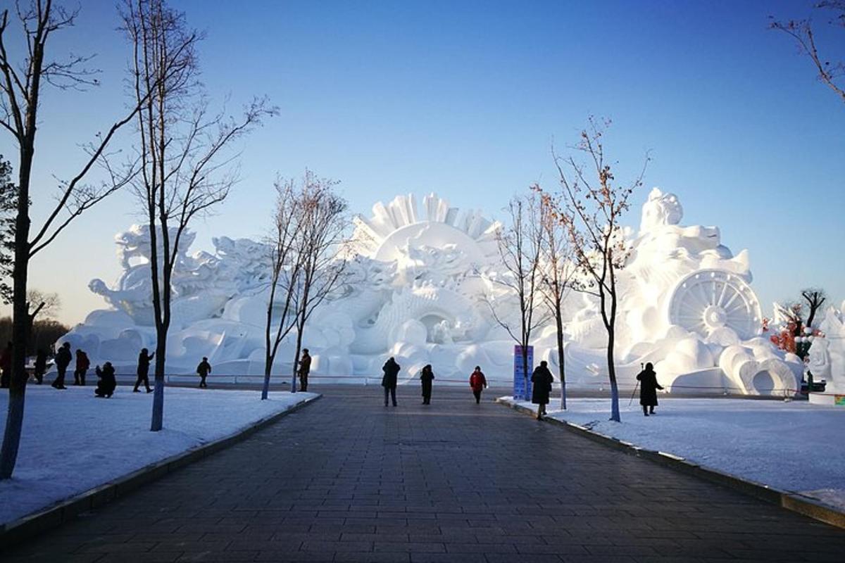 a group of people walking in a park in the snow