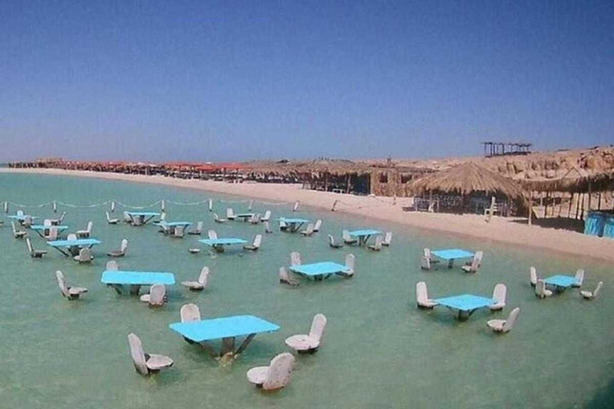 un gruppo di tavoli e sedie in acqua su una spiaggia