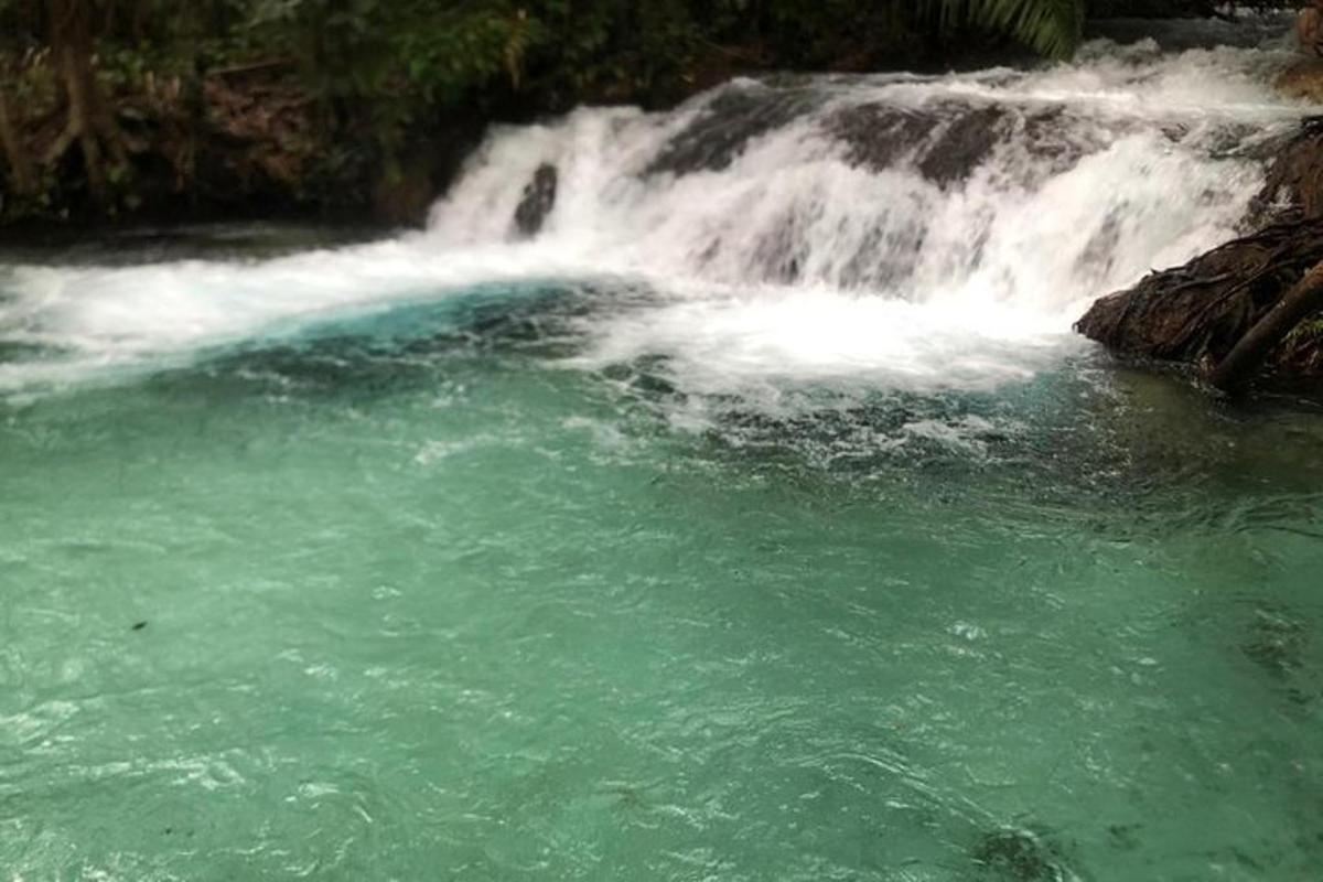un charco de agua frente a una cascada