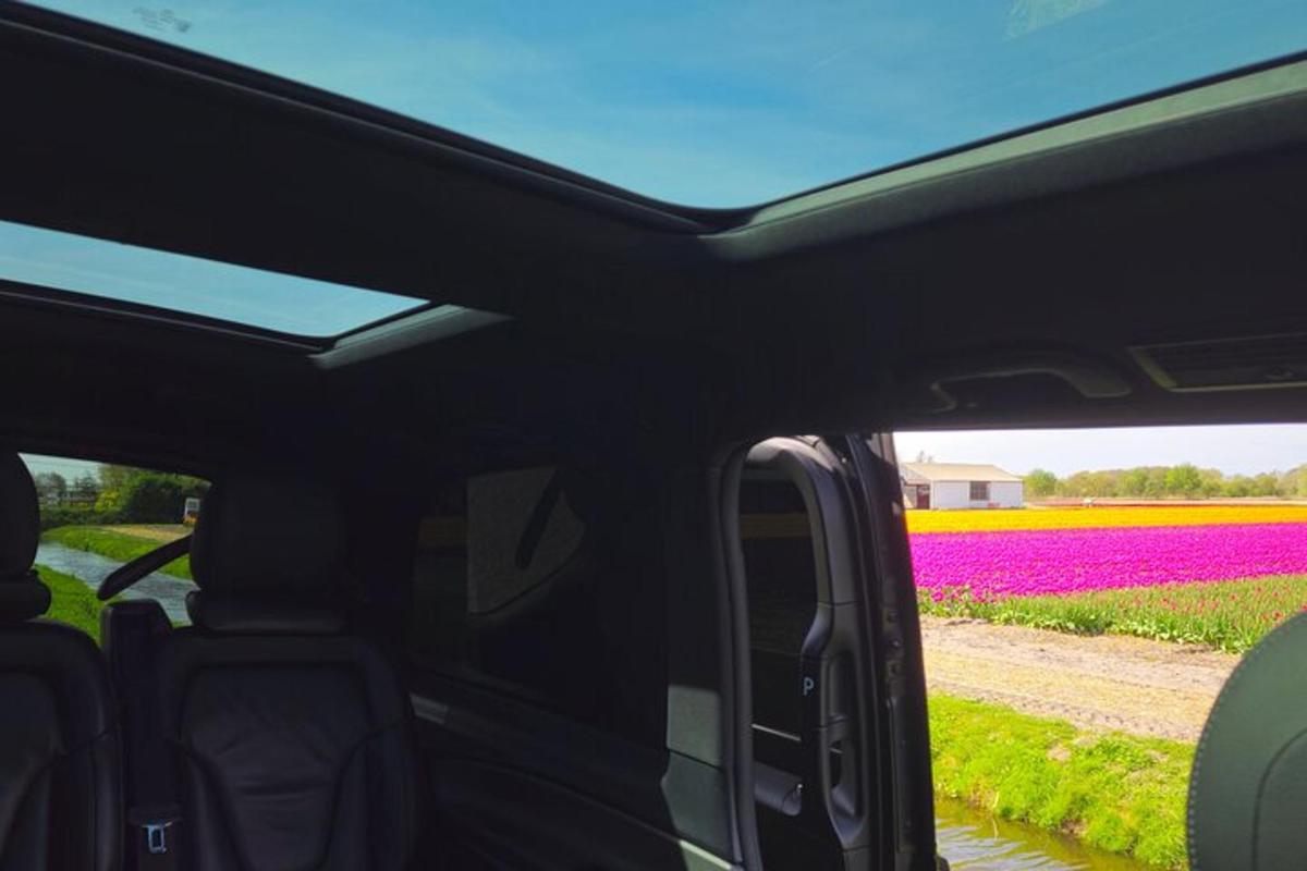 una vista dall'interno di un veicolo con un campo di tulipani