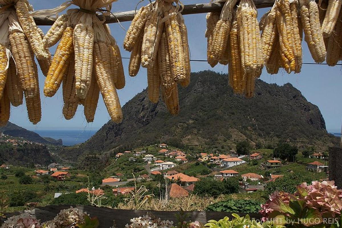 um monte de milho pendurado em uma linha com uma montanha