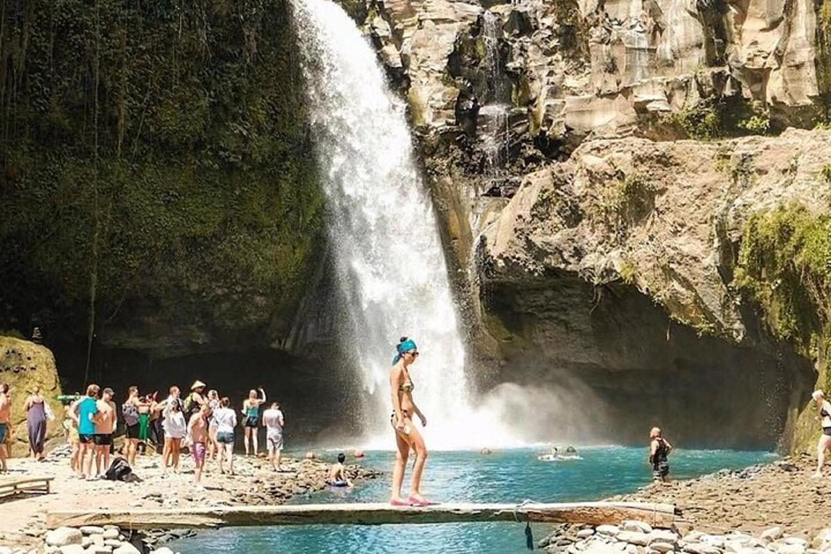 skupina ljudi na plaži blizu slapa