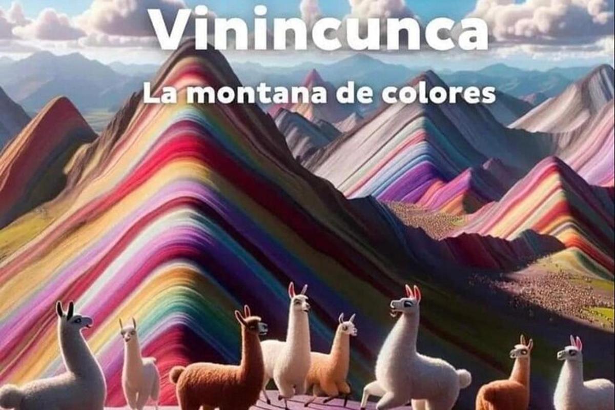 Un grupo de llamas frente a una montaña arcoíris.