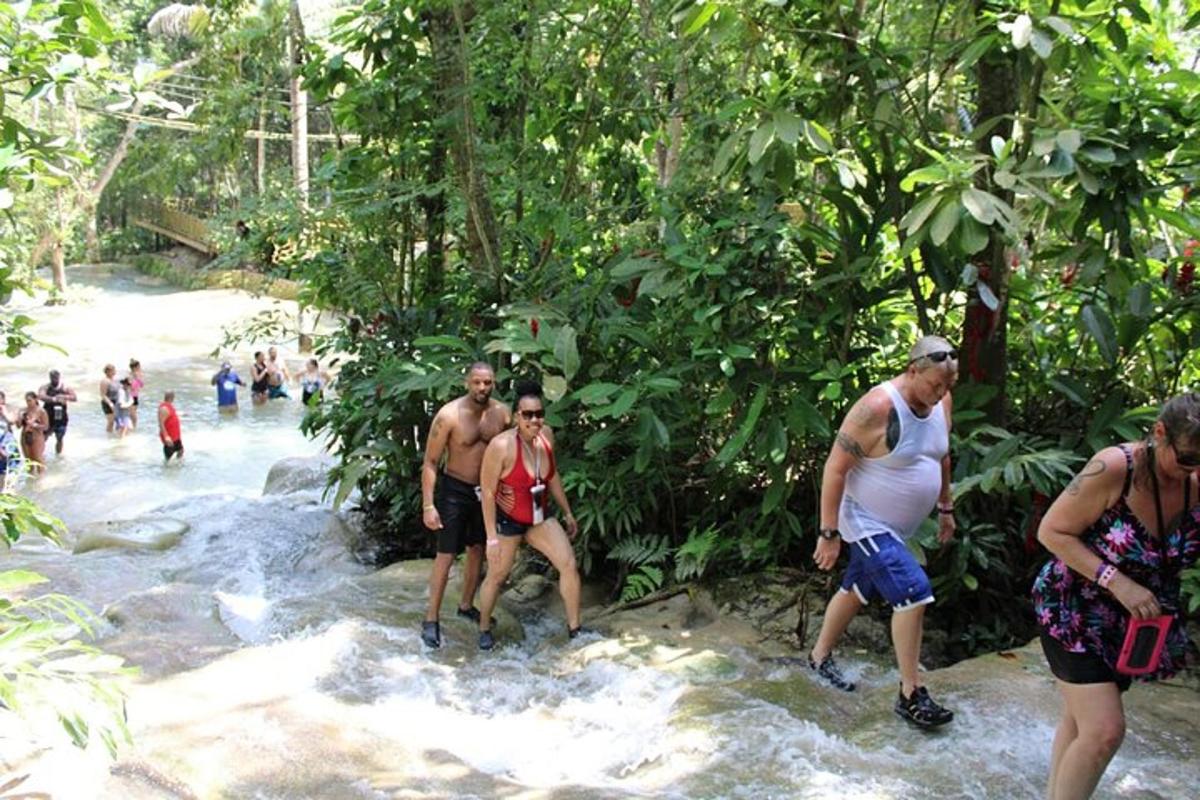 un grup de persones dempeus en un rierol a la selva