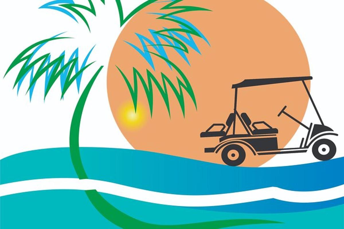 an illustration of a golf cart on the beach with a palm tree