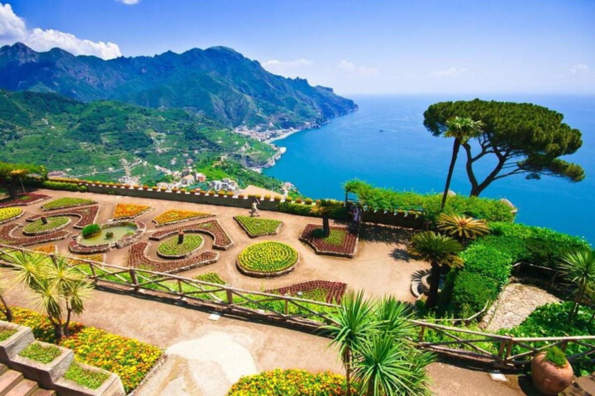 an aerial view of a garden with the ocean