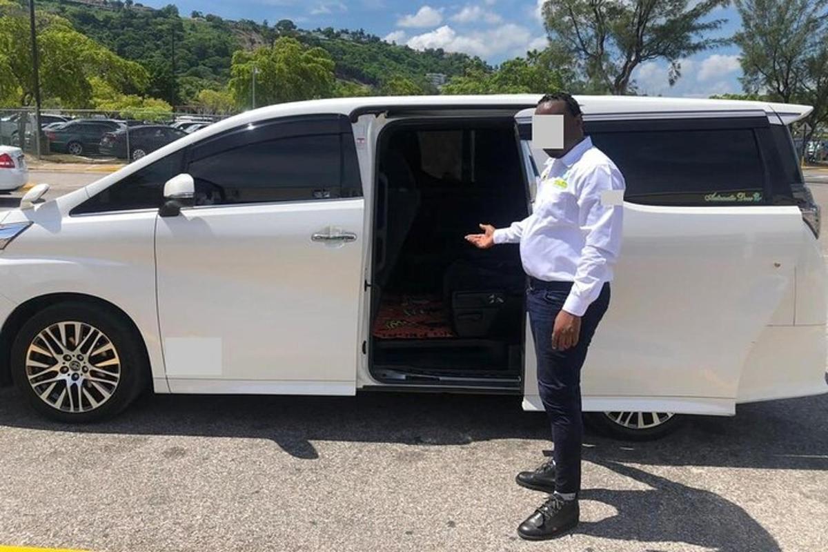 a man wearing a virtual reality helmet standing next to a van