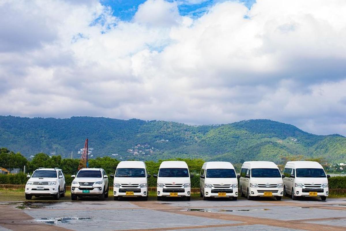 Una fila de camiones blancos estacionados en un estacionamiento