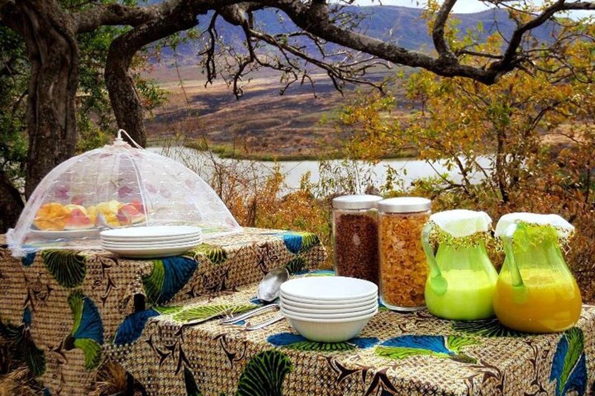 ein Picknicktisch mit Gläsern und Tellern voller Essen darauf