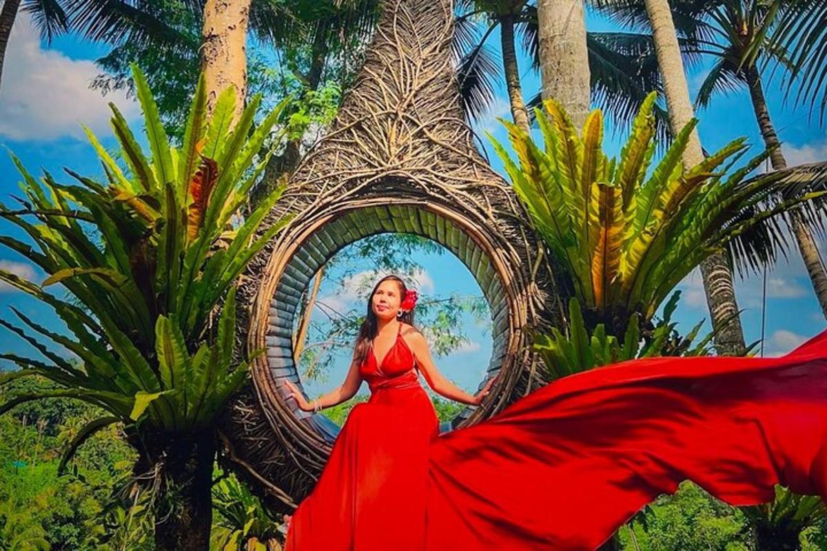 a woman in a red dress in front of a mirror