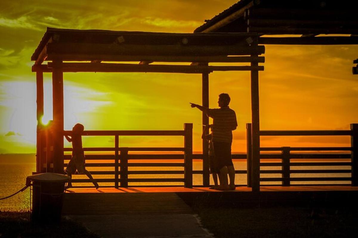 a man standing next to a fence with the sunset in the background