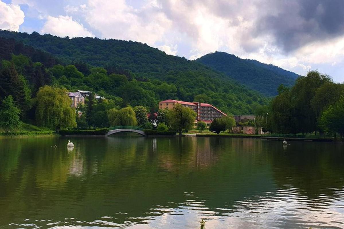 jezero s mostem, budovami a horou